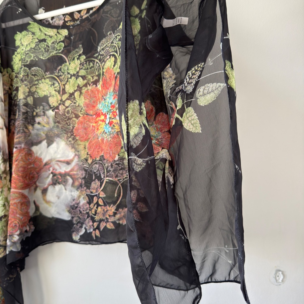 Boho Sheer Chiffon Poncho Top Womens One Size Black Floral Paisley Draped Blouse - Picture 16 of 16